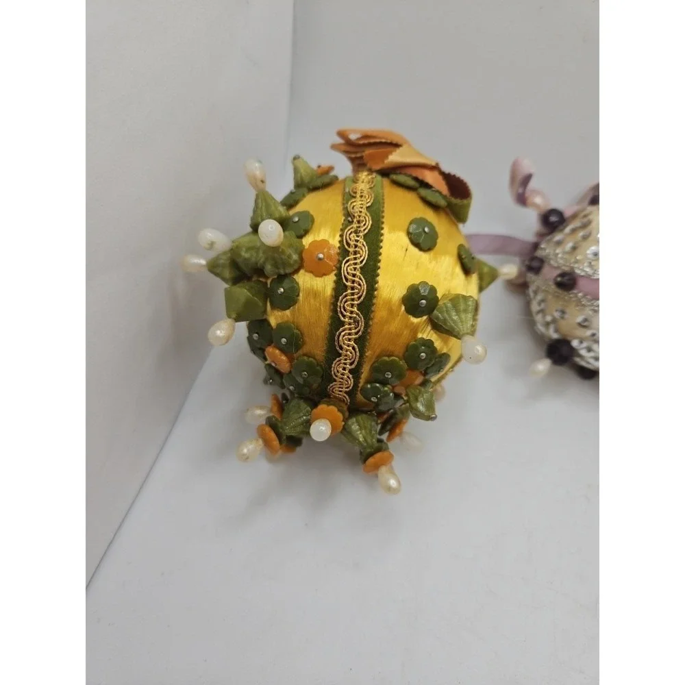 Vintage Handmade Satin Beaded Christmas Ornaments Lot of 5 Sequin Pearl Bead